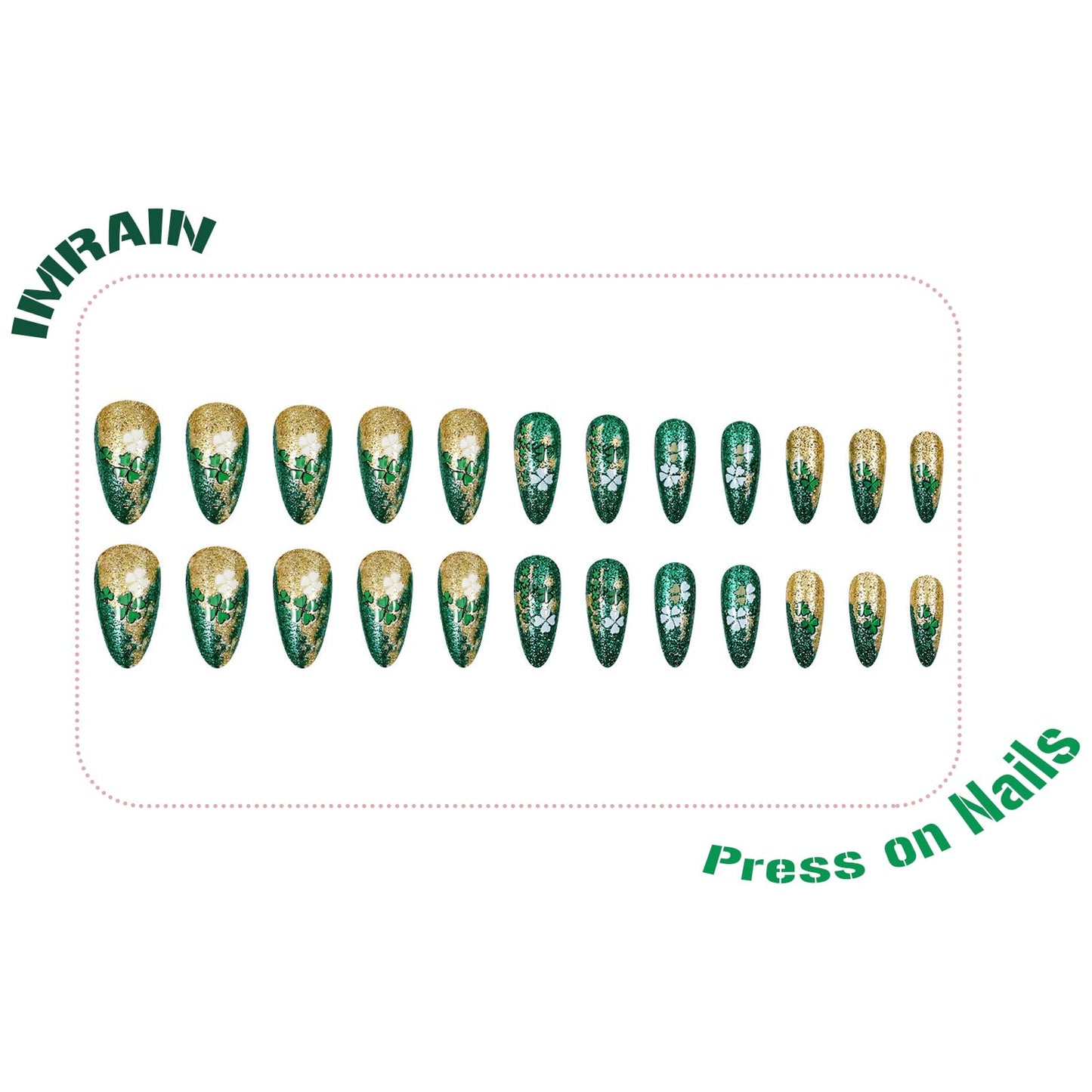 IMRAIN Press on Nails Medium Almond Fake Nails Green Golden Sequins, Clover Designs Glossy Glue on Nails Full Cover Stick on False Nails
