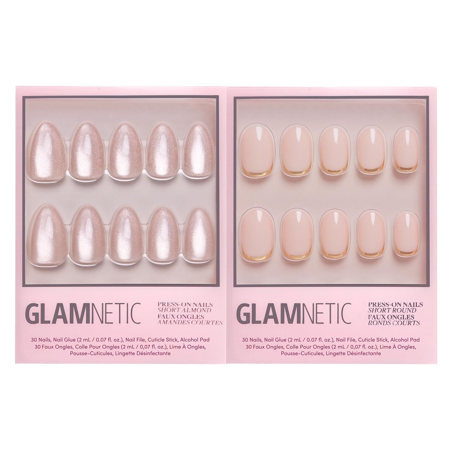 Glamnetic Press-On Nails Bundle - The Vow & Goal Digger | Short Almond Nude Fake Nails with a Glossy, Velvet Finish | Natural Short Round False Nails with Gold Foil | Reusable, Salon-Quality Nail Kits
