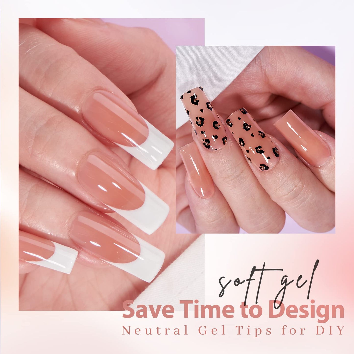 BTArtbox Press On Nails Long Square with French Nail Stamper - 150Pcs 2 in 1 X-coat Tips Pre-applied Tip Primer, One-Step Square Gel Nail Tips Fake Nails 15 Sizes for Nail Extensions