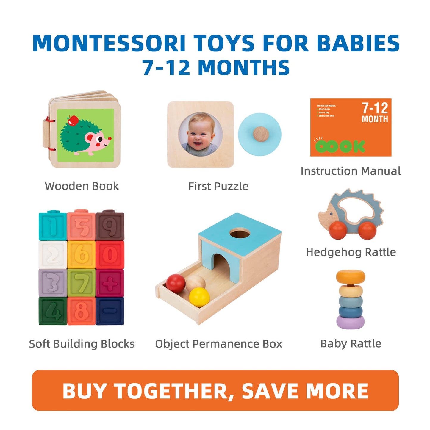 TOOKYLAND Montessori Toys for Babies 6-12 Months, 7 in 1 Learning Educational Set Wooden Toys (Includes Baby Rattle, Object Permanence Box, Wooden Book, Teething Toy and More)