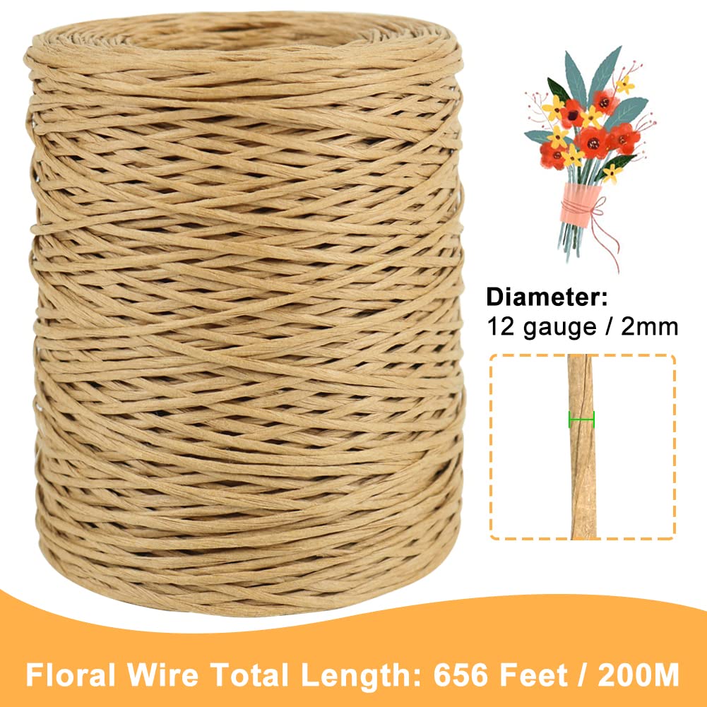 Tenn Well Floral Binding Wire, 656 Feet 2mm Paper Covered Wire Rustic Vine Wires for Floral Arrangements, Flower Crowns, Grapevine Wreath Making, Wedding Decorating, DIY Projects (Natural)