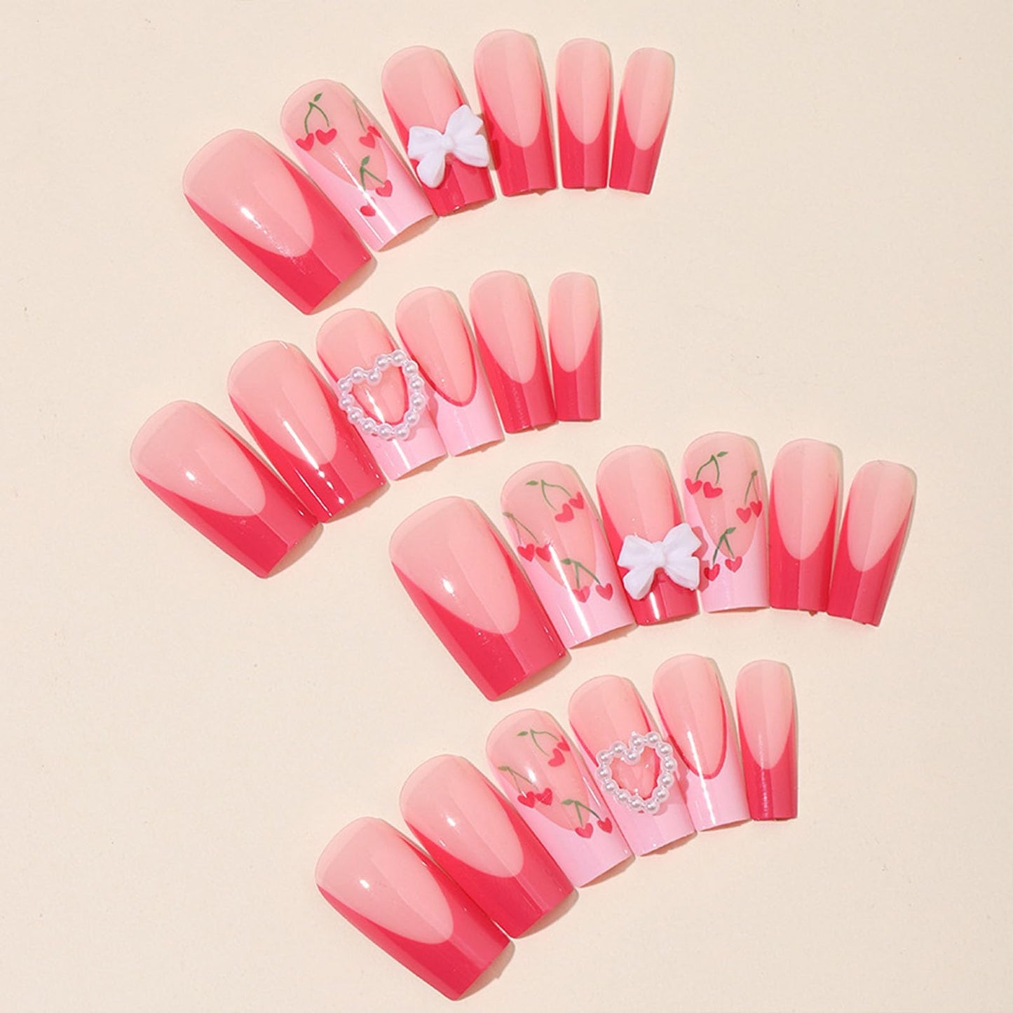 IMSOHOT Pink French Tips Press on Nails Medium Square Cherry Fake Nails Full Cover Squoval Acrylic Glossy Glue on False Nails with Cute Pearl Bow Designs