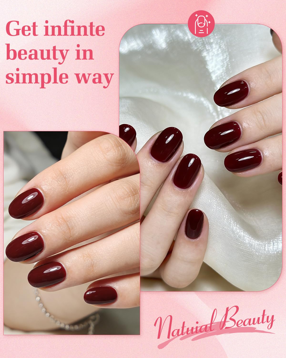 Skiennix Press on Nails Short,30 Pieces Burgundy Oval Fake Nails Reusable Stick Kit with Glue, Adhesive Tabs, Mini Nail File, 15 Sizes Natural Whitening for Women Dark Red