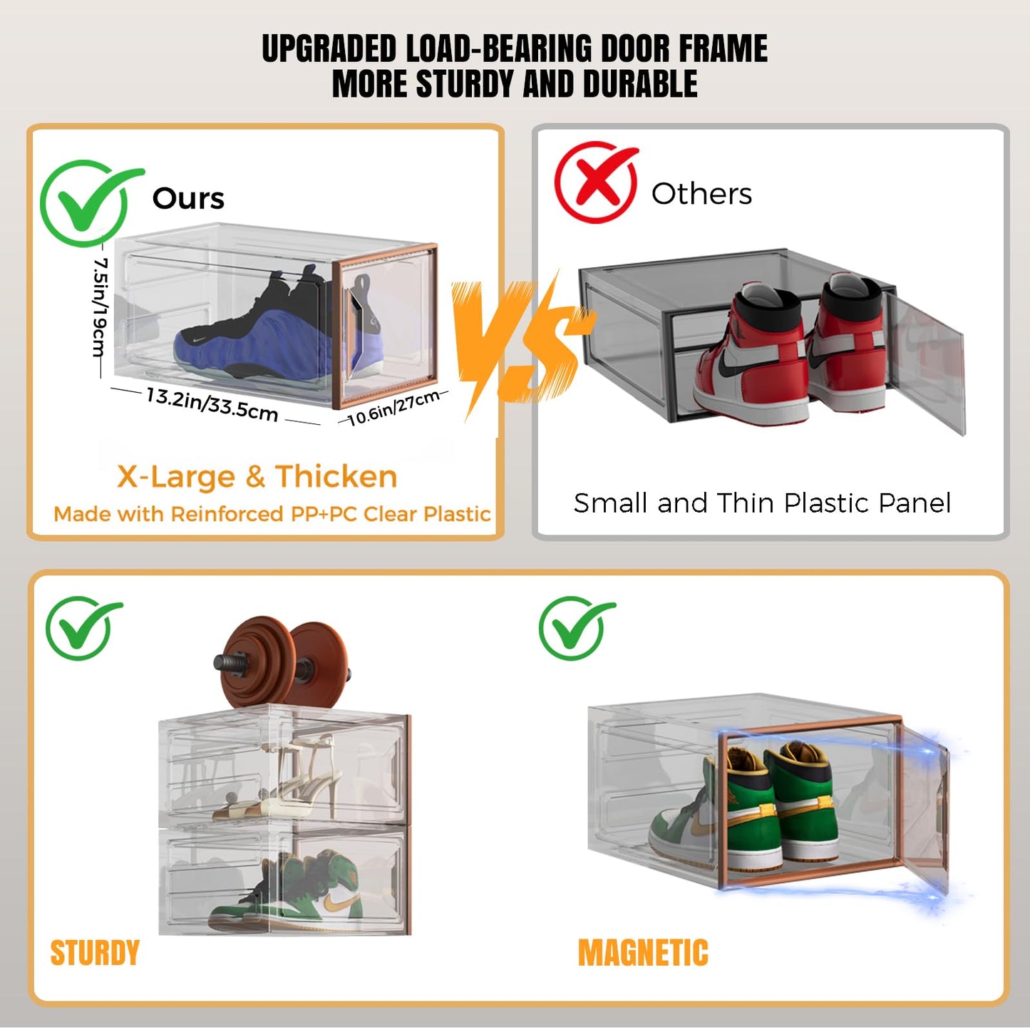 ADTO X-Large Stackable Shoe Boxes - Clear Plastic Shoe Storage Boxes with Magnetic Door, Thicken Shoe Organizer for Closet, Space Saving Foldable Shoe Containers Bins for Sneaker Boot - 6 Pack(Brown)