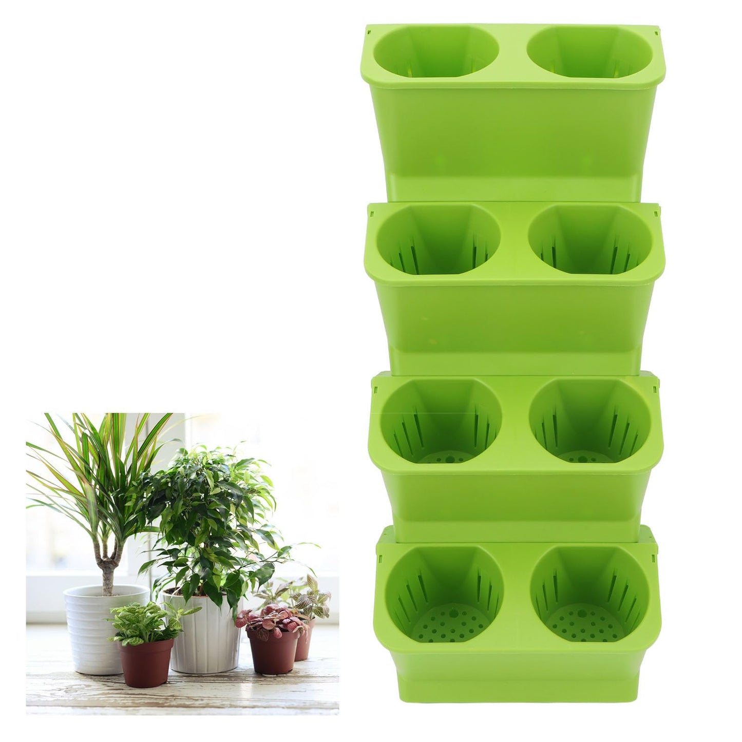 Fabater Self Watering Wall Planter, 4 Pack Stackable Vertical Hanging with Wall Mount Kit, Indoor Outdoor Flower Pots for Garden Home Balcony Decor (Green)