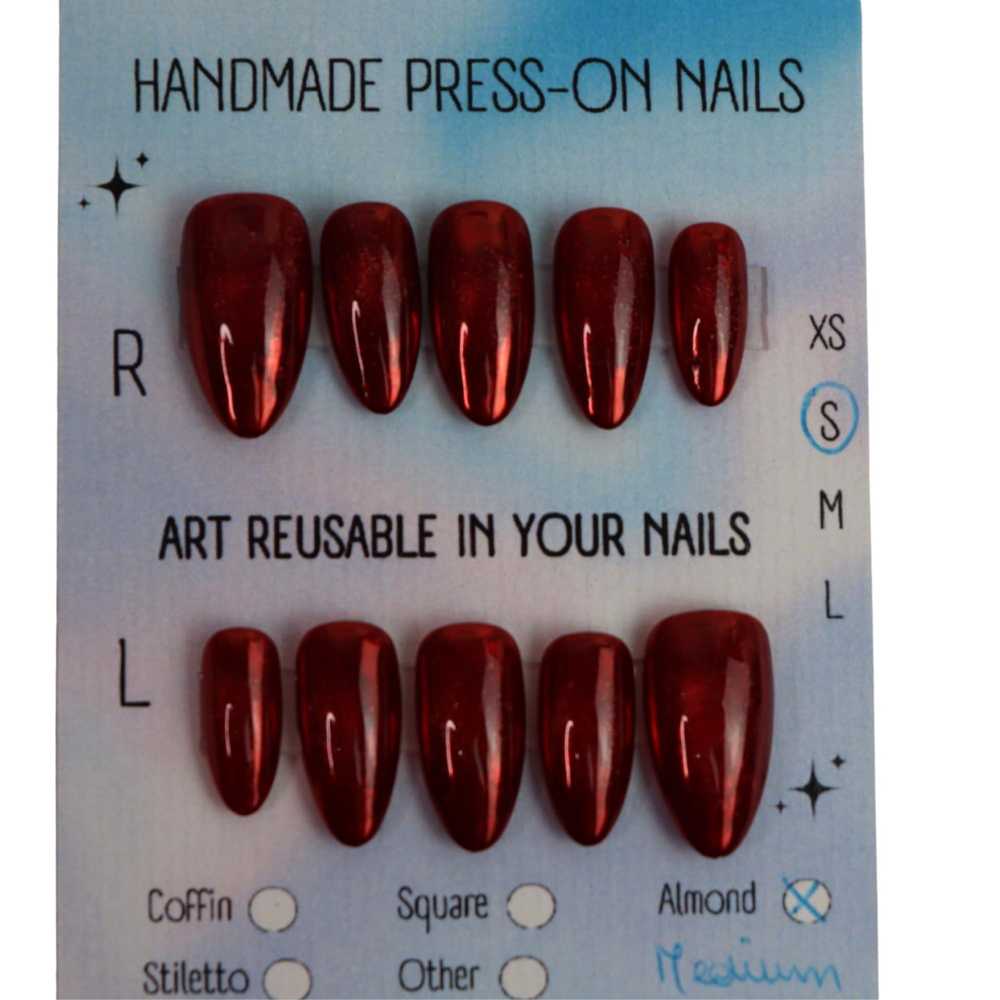 Handmade Medium Almond Magnetic Cat Eye Press-On Nails | Chrome Finish (Gold, Ruby Red or Silver) | Reusable Glossy Gel Look | Instant Manicure (Red Mirror Cat Eye, L Medium Almond)