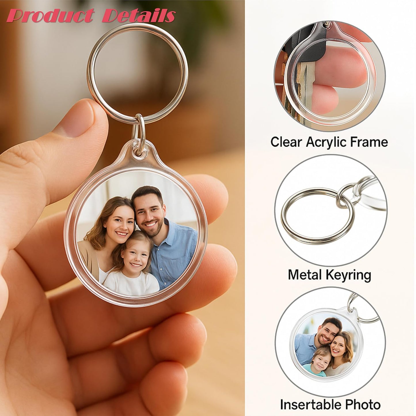 ROHIJALE 40Packs Clear Round Photo Keychains Outer diameter 1.57 Inch DIY Acrylic Blank Keychain Inserts Transparent Plastic Photo Frame Key Ring for Personalized Picture, Logo, or Crafts