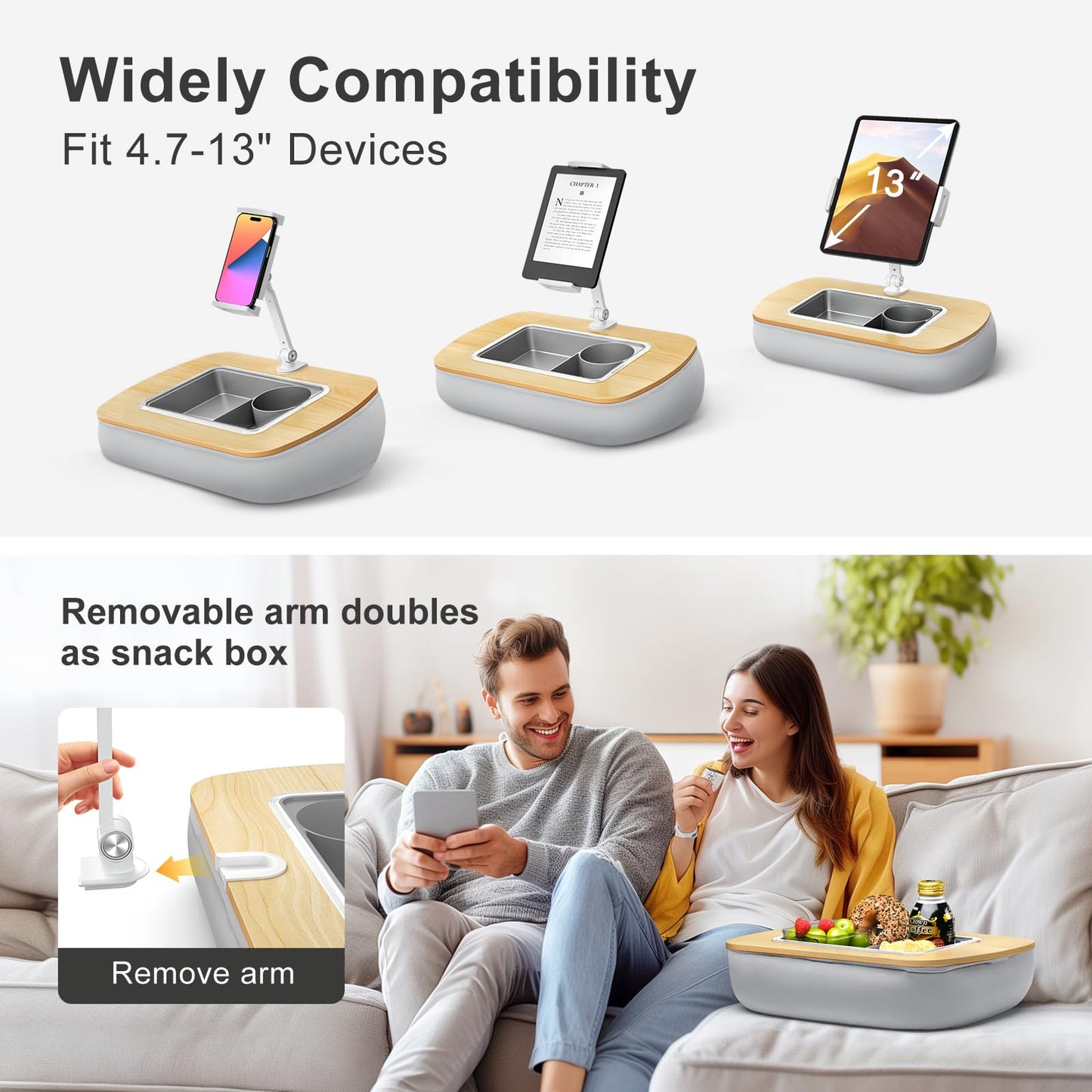 ERGONOV Tablet Stand Pillow with Snack Bowl, iPad Lap Holder for Hands-Free Reading and Relaxation on Bed,Couch,Recliner, 360° Rotating Clip for 4.7-13" Kindle,eBook,Tablet,iPhone (Birch Gray)
