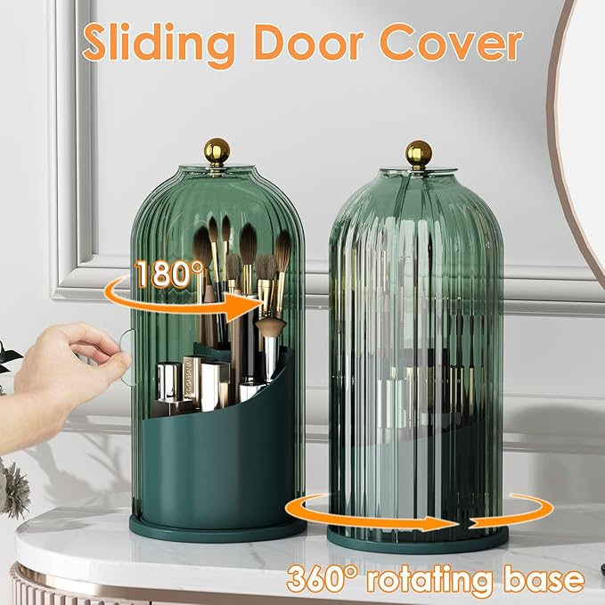 Makeup Brush Holder with Lid 360 Rotating Clear Dustproof Make Up Organizers for Vanity Bathroom Countertop, Green