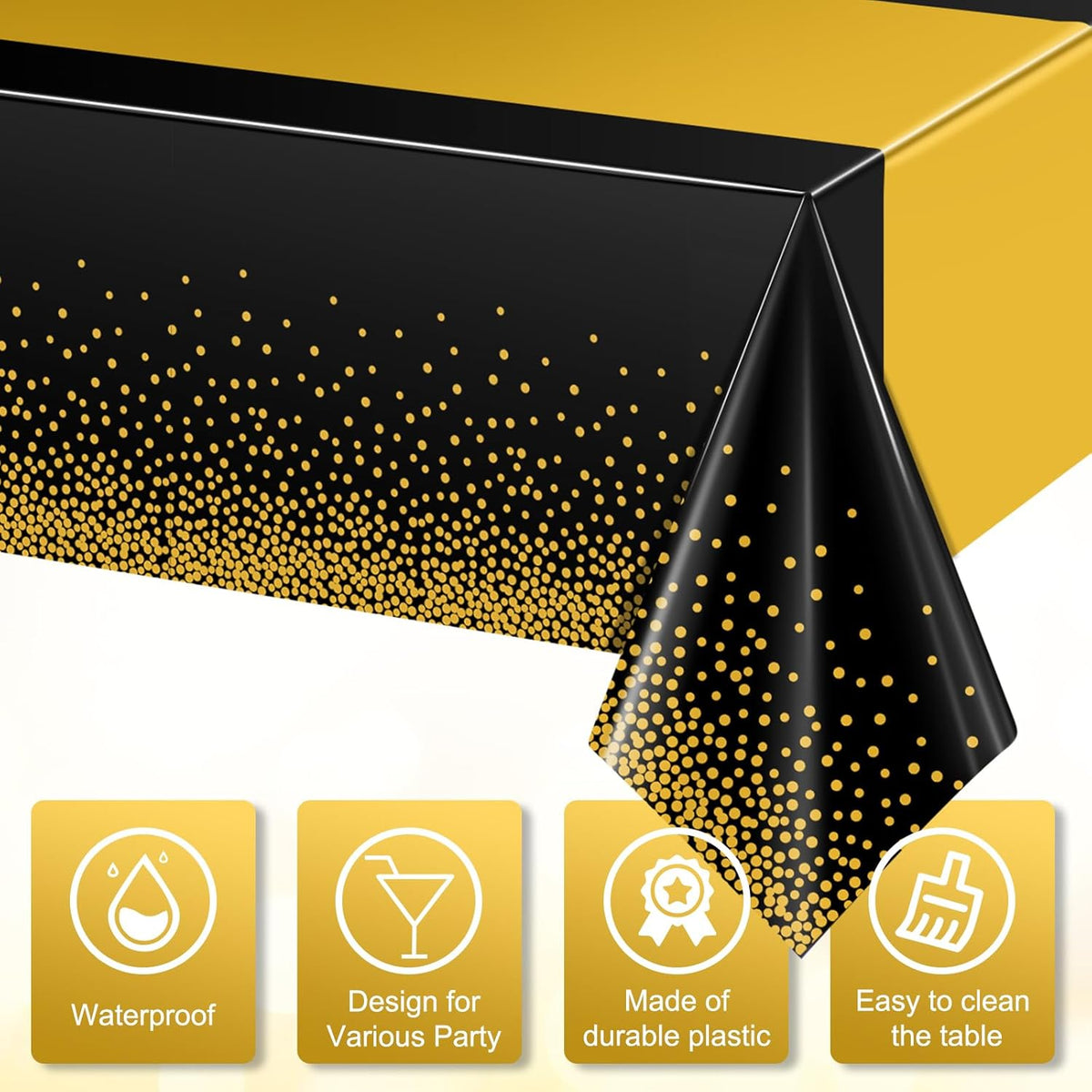 6Pcs Black and Gold Tablecloth Party Decorations,Plastic Black Table Cloth Printed Gold Table Runner Disposable Rectangle Table Cover for Birthday Retirement Anniversary Graduation Party,54 x108 Inch