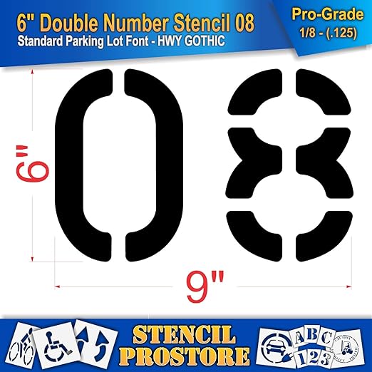 Pavement, Curb, and WheelStop Stencils - 6 inch Double Number Stencil - (08) - 6" x 9" x 1/8" (128 mil) - Pro-Grade