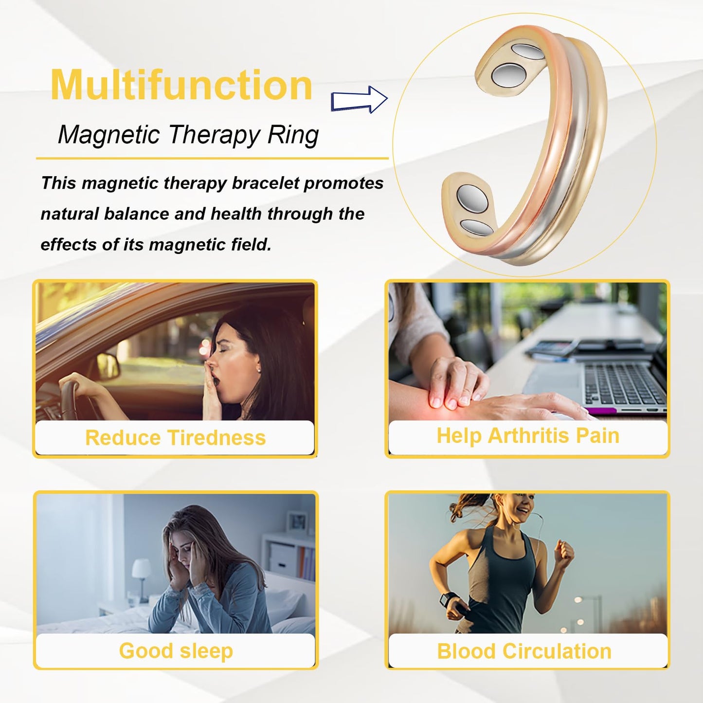 EnerMagiX Copper Rings for Women, Pure Copper Tricolor Gold Adjustable Magnetic Ring Jewelry (0013)