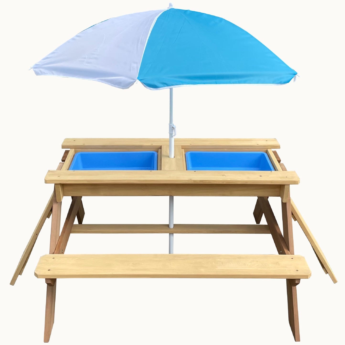 BTExpert Kids 3-in-1 Sand Water Activity Table Wooden Outdoor Convertible Picnic Table Bench Adjustable Umbrella Removable Top 2 Play Boxes Toy Set 37 x 35 in