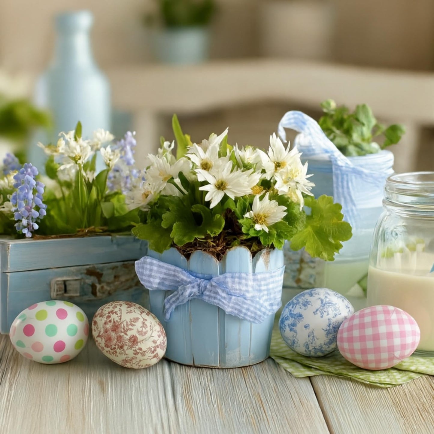 Gemscream 82 Pcs DIY Easter Unfinished Egg Decoupage Craft Include 24 White Eggs 50 Decoupage Napkins 5 Glues 3 Sponge Brushes Easter Decorations Party Favors for Craft Activities Family Party