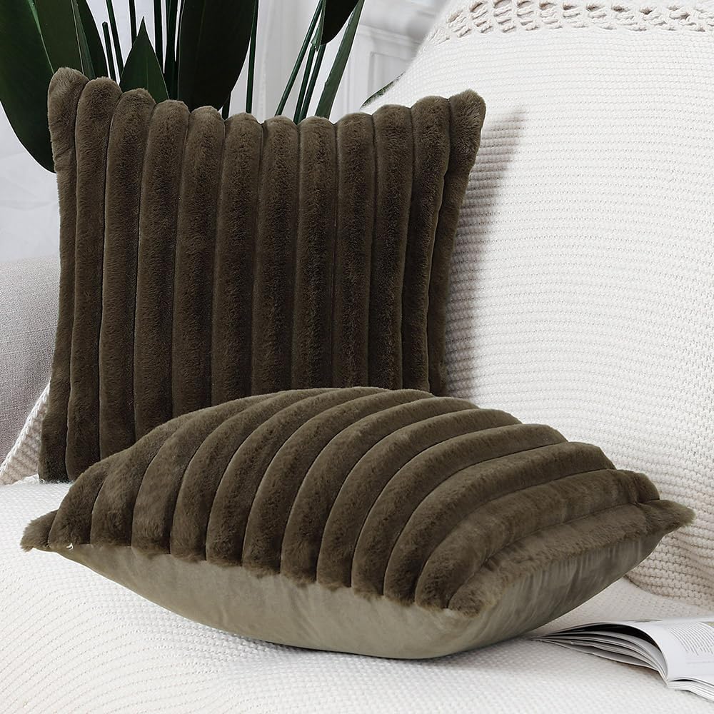 MADIZZ Set of 2 Faux Wool Plush Decorative Throw Pillow Covers 22x22 Inch Drak Brown Fluffy Striped Soft Decorative Cushion Cover for Sofa Bedroom Pillow Shell