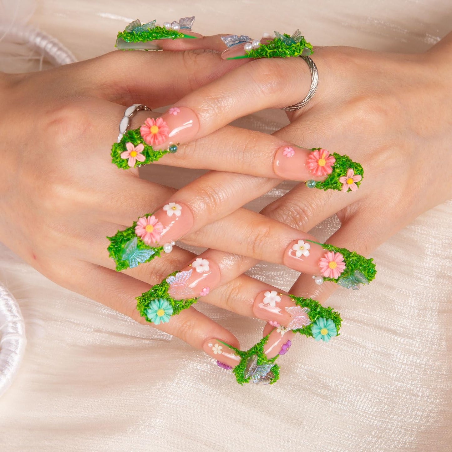 LOVFUL Press on Nails Fairy Tale Garden | Handmade with Full Covered Crystals | Reusable Full Cover Nails | Coffin Classic Regular 1.3 in | H151-L