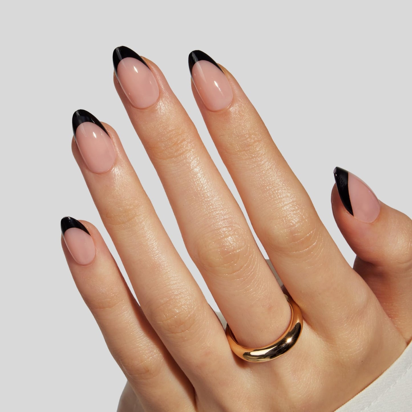 LAMIMOSA 32Pcs Black French Tip Press on Nails Short Almond - Soft Gel Fake Nails in 16 Sizes, Reusable Semi-Transparent Glue on Nails Kit, BLACK FRENCH