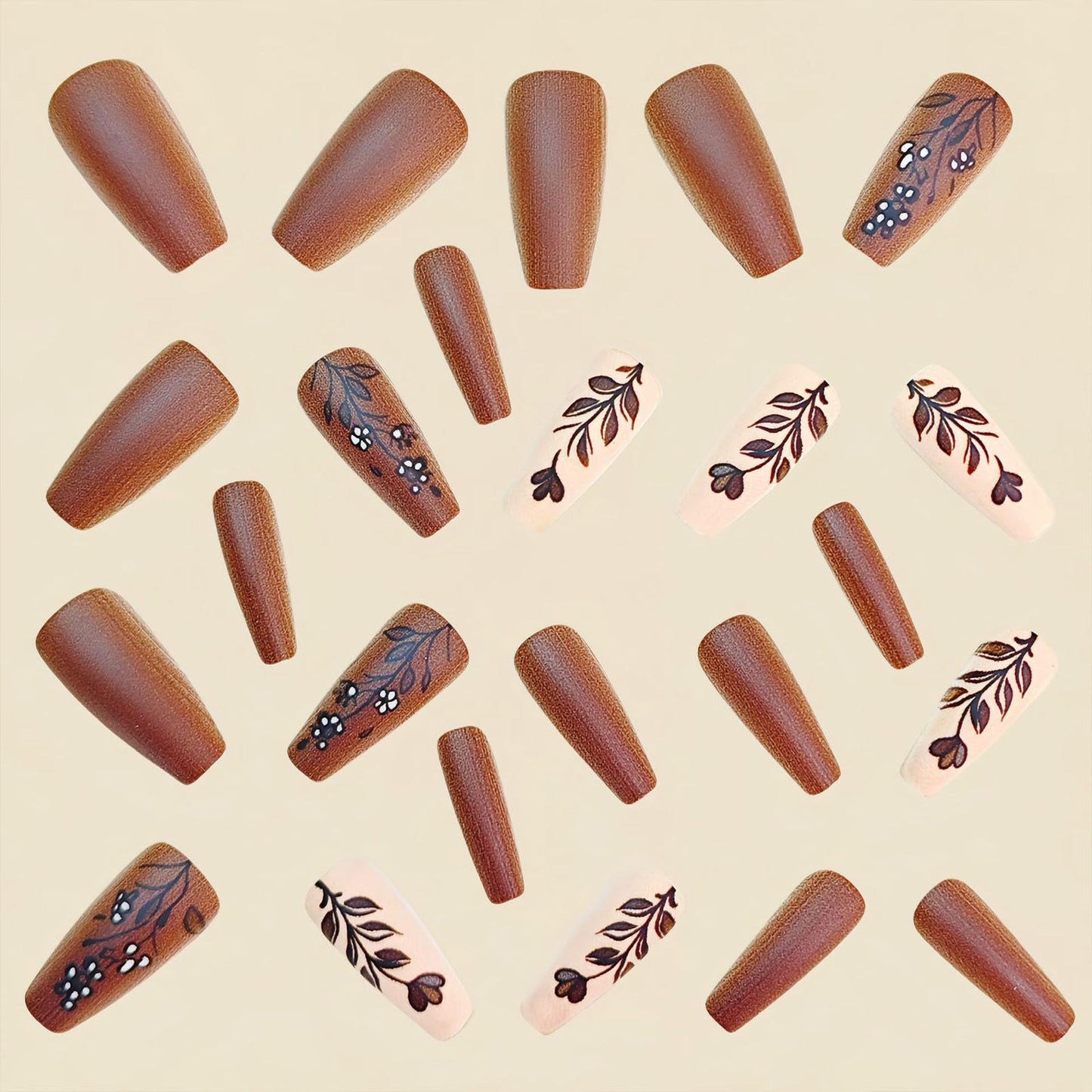 Fall Press on Nails Medium Coffin Fake Nails with Leaves Flower Designs Matte Glue on Nails Brown Nails Press ons Autumn Acrylic Artificial Stick on Nails for Women 24Pcs