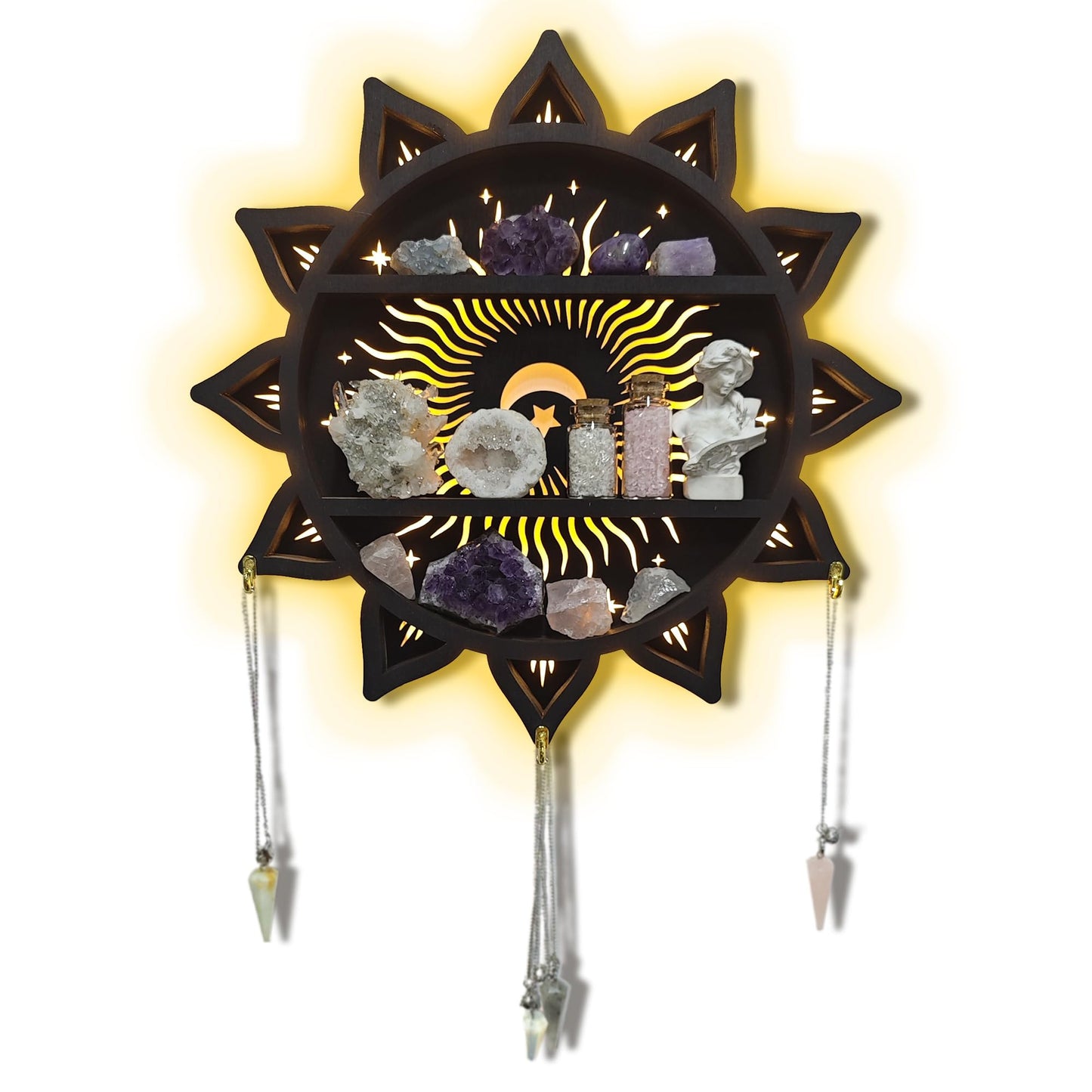 FNYDOX Chakra Lotus Flower Crystal Display Shelf with LED Light, Witchy Home Decor Boho Decorative Wall Mounted Trinket Shelf Wooden Sun Moon Shelf Rock Case Stone Storage Floating Hanging Holder