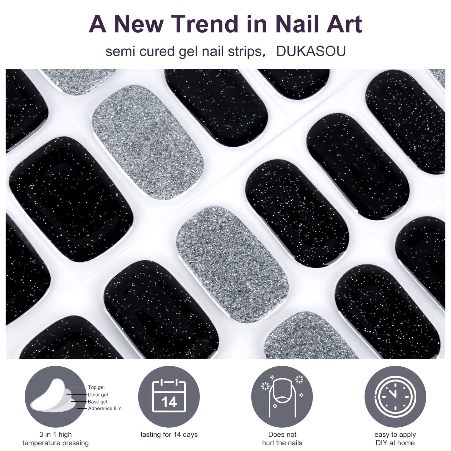 DUKASOU Semi Cured Gel Nail Strips, 56Pcs Nail Art Stickers/Wraps, Long Lasting UV Nail Polish Strips for Adults(Black Silver+White French Tip)