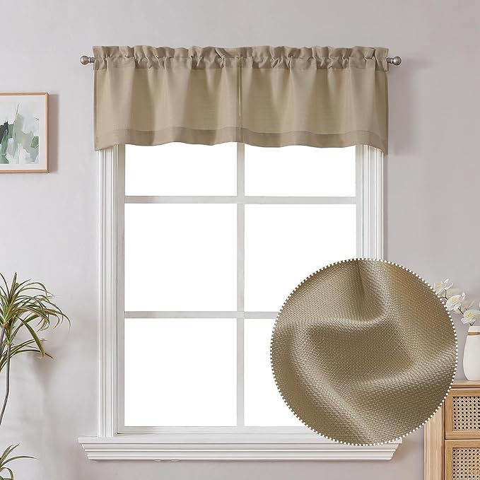 Chyhomenyc Camel Faux Linen Slub Textured Semi Sheer Small Window Kitchen Valance Curtain, Rod Pocket Cafe Valance for Bathroom Laundry Basement, 30Wx14L inch, 2 Piece