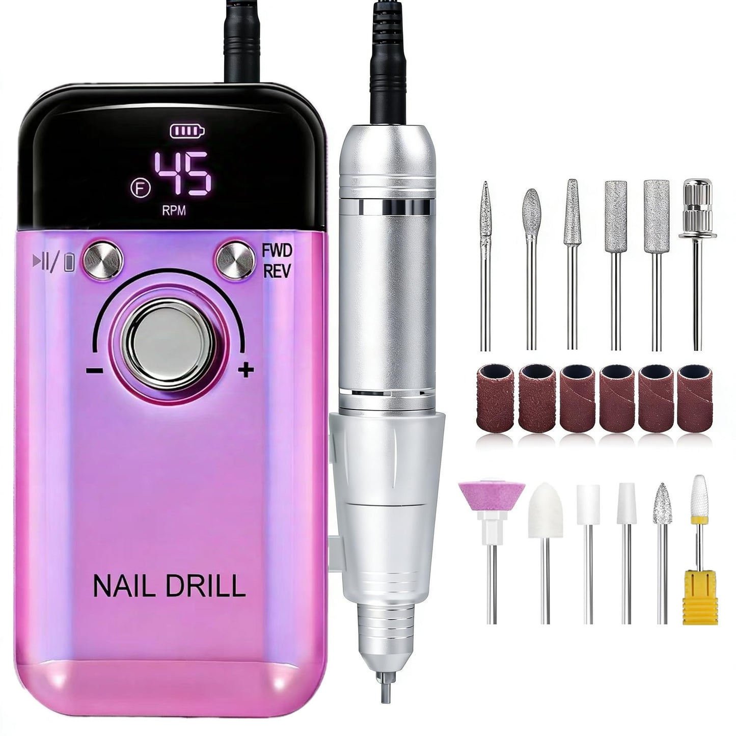 TWOEIGHT Electric Nail Drill Machine 45,000RPM - Professional Electric and Rechargeable Nail Drill with LCD Display, 12 Bits , Low Heat Quiet E-File for Acrylic Gel Nails - Salon & Home Use