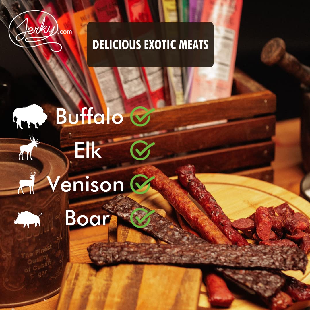 Jerky.com Exotic Meat Sticks Gift Bag | Wild Game Jerky Sampler with Venison, Elk & Wild Boar Meat Sticks | 12pc High Protein Jerky Gift basket for Men | Fathers Day Gift for Dad