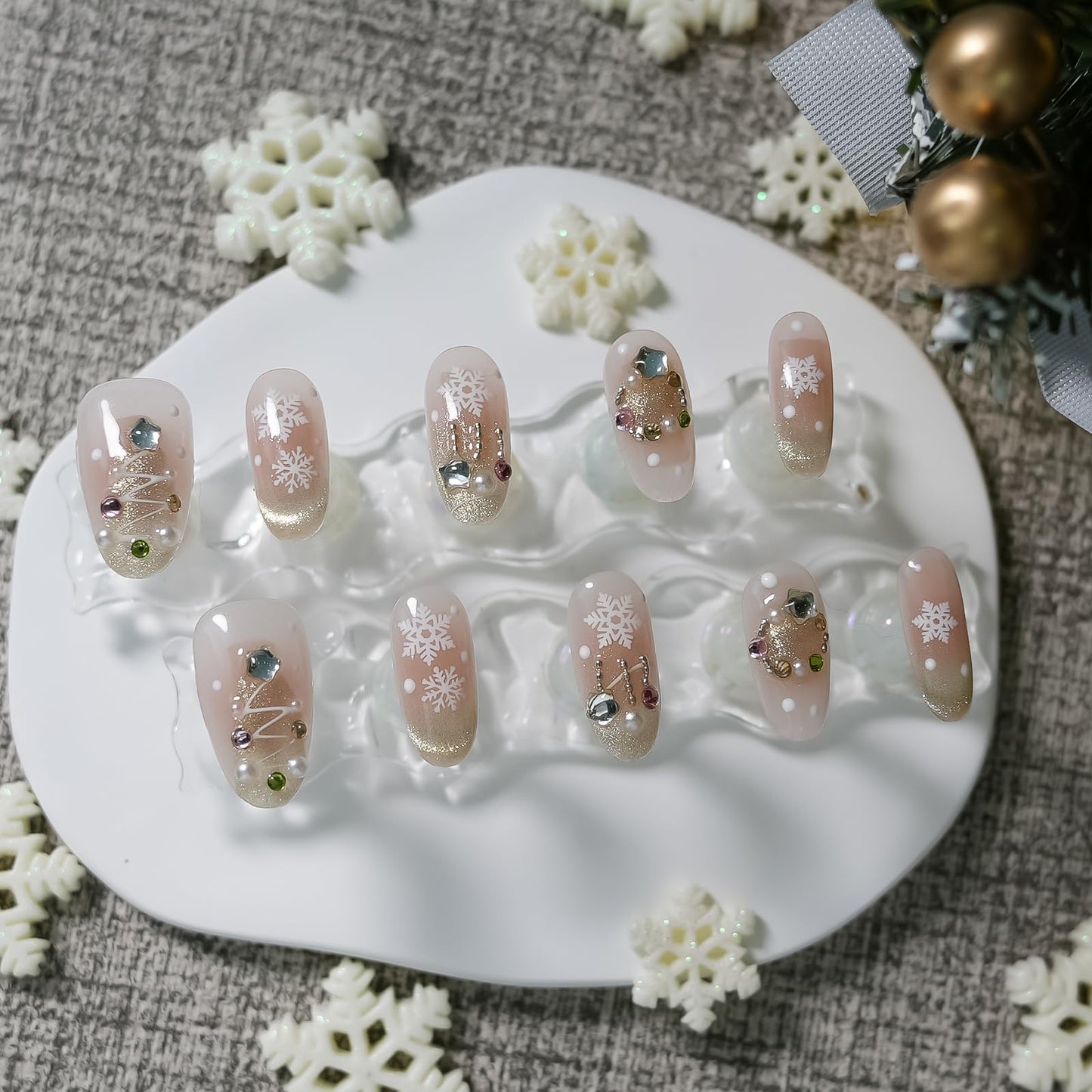 Tesytto Handmade Press on Nails Short Almond - Luxury 3D Texture Pearl Tree & Snowflake Design, Nude Pink Cat Eye Gold French Tip Fake Nails (Ice Christmas,S)
