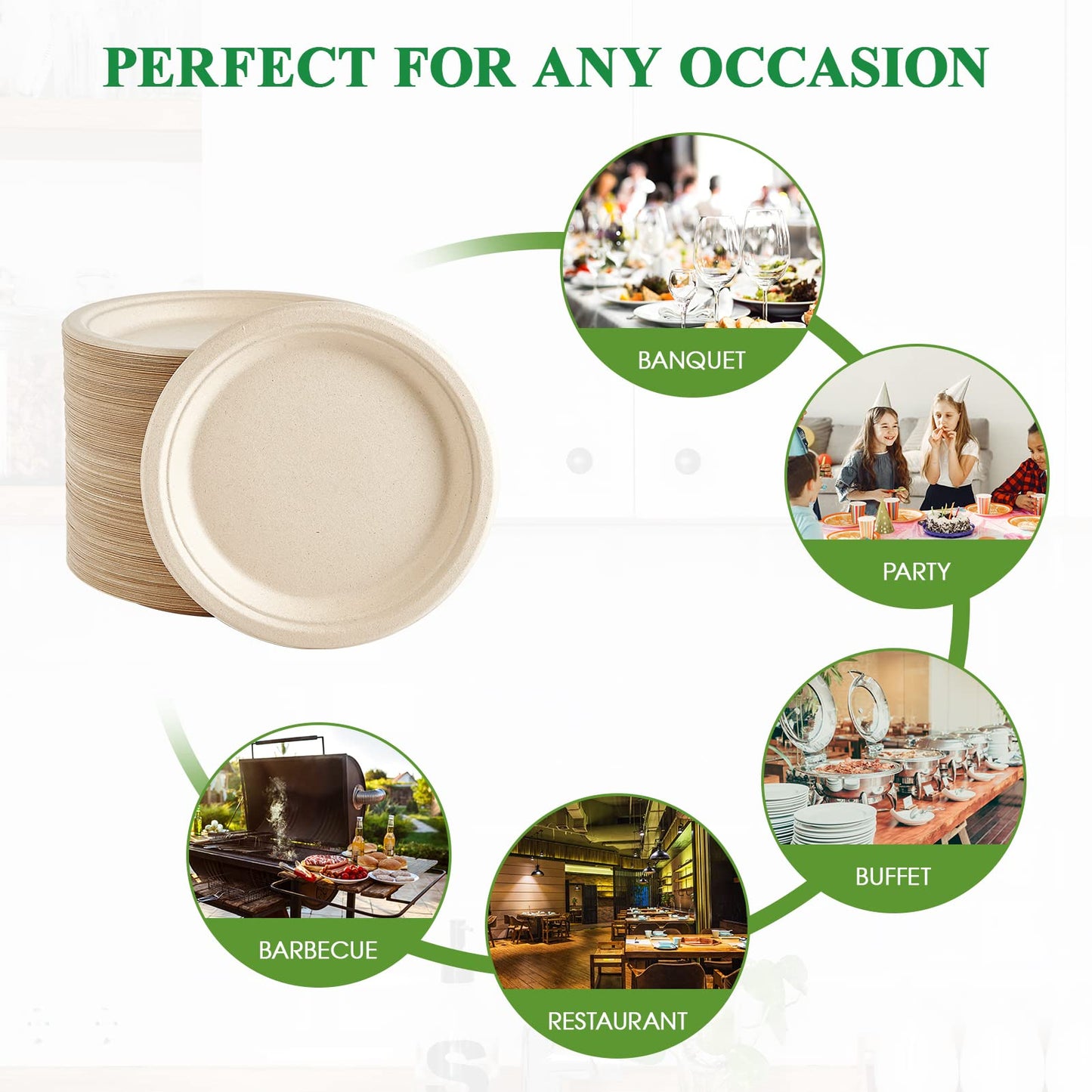 Vplus 150 Pack Paper Plates 9 inch 100% Compostable, Heavy-Duty Disposable Paper Plates Bagasse Natural Biodegradable Eco-Friendly Sugarcane