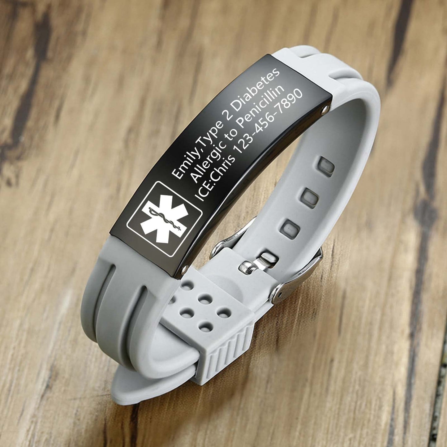 VNOX Customize Emergency Jewelry Medical Alert ID Grey Silicone Stainless Steel Adjustable Bracelet