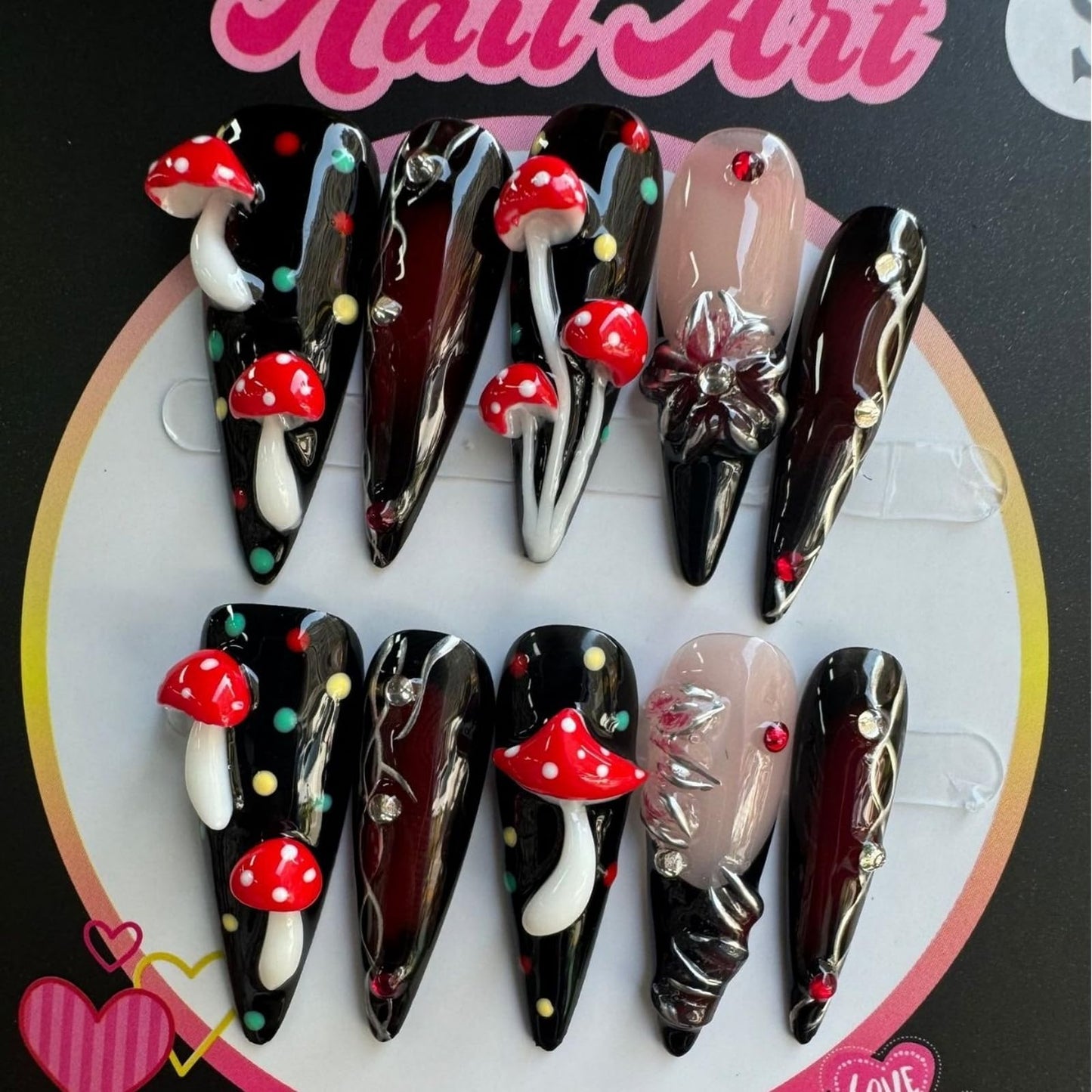 Luxury Press on Nails Long Stiletto Handmade 3D Unique Reusable ABS Material Fake Nails Black False Nails with Designs Mushroom Polka Dots Rhinestones Glossy Glue on Nail Thick Acrylic Nail(S)