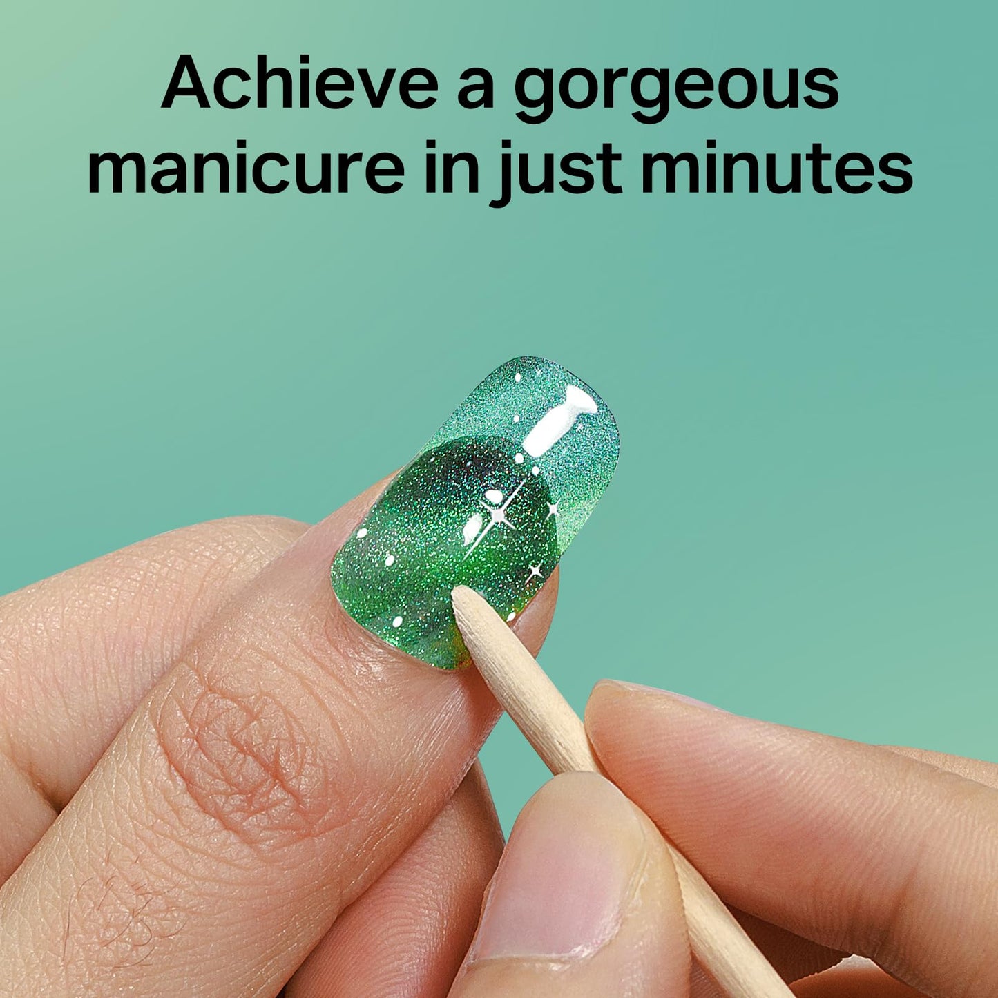 MIZHSE Semi Cured Gel Nail Strips, Green Cat Eye 30PCS Gel Nail Wraps, Stickers, UV Light Required, Salon Quality, Long Lasting Easy to Apply & Remove - Includes 2 Prep Pads, Nail File & Wooden Stick