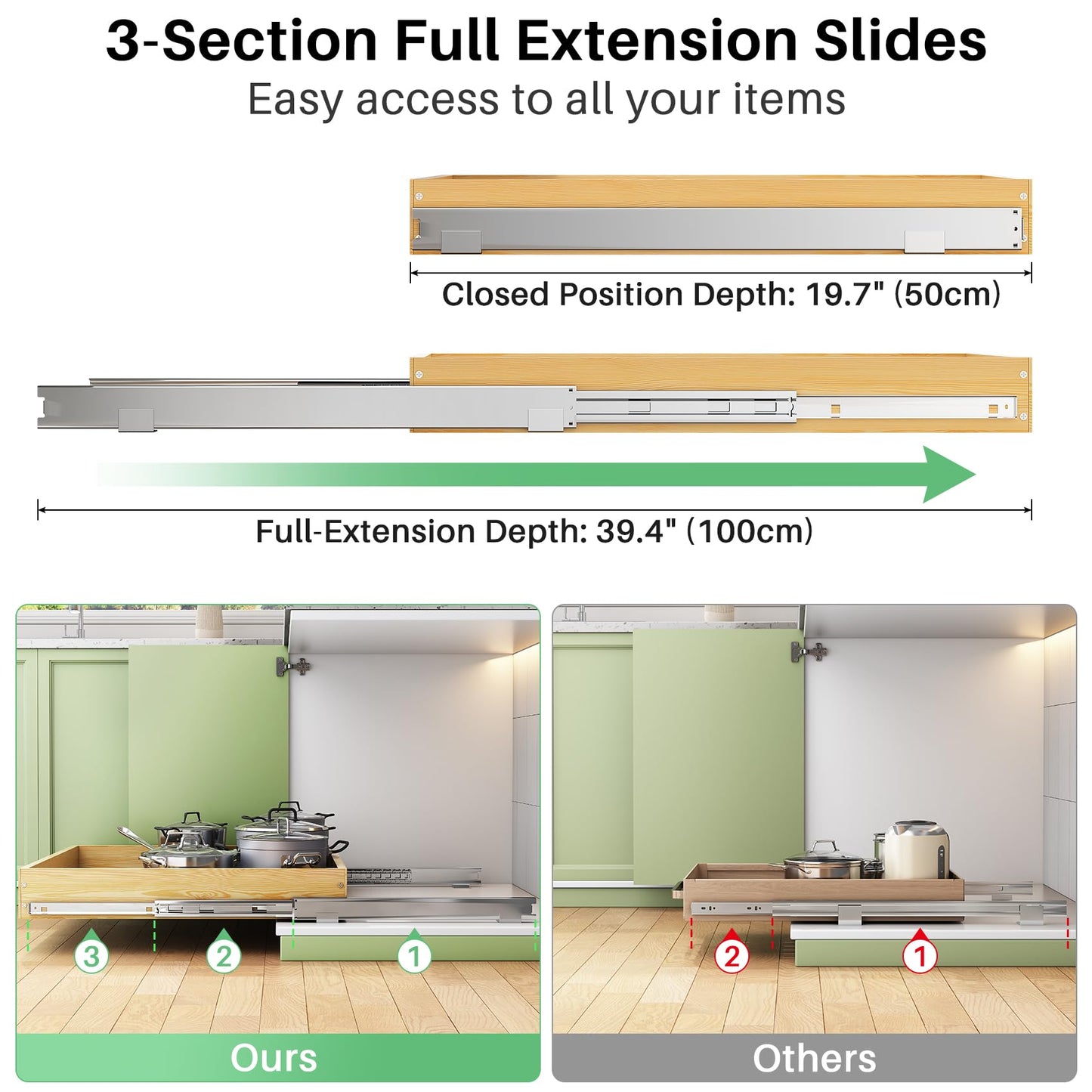 Pull Out Cabinet Organizer, Soft Close Wooden Slide Out Drawers for Pots and Pans, Full-extension Roll Out Shelves for Kitchen Cabinets, Pantry Organization, Bottom & Side Mount(15"W X 21"D x 3.4''H)