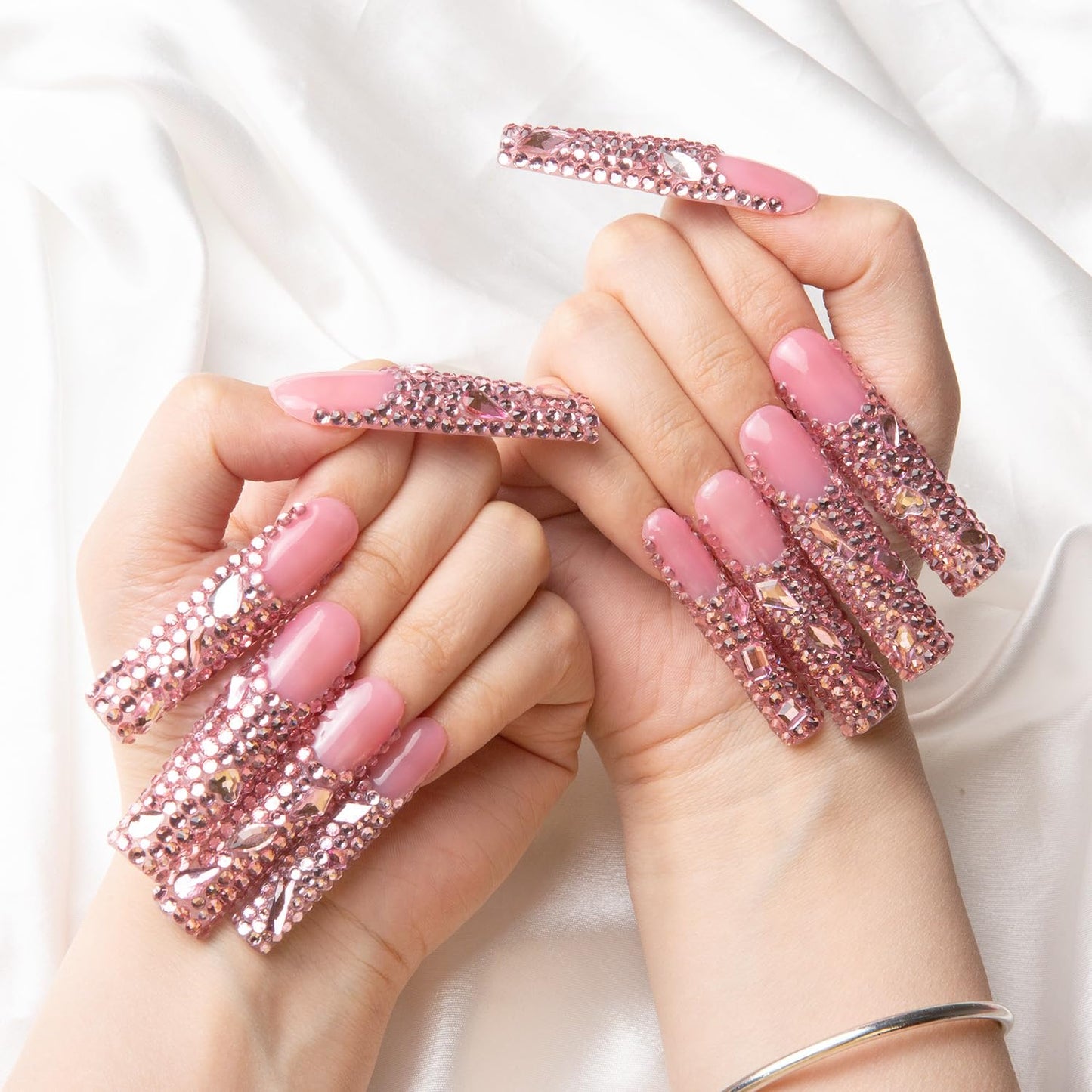 LOVFUL Press on Nails Pink French Tip Rhinestone | Handmade with Full Covered Crystals | Reusable Fake Nails | Square Long 2.2 in | H27-S