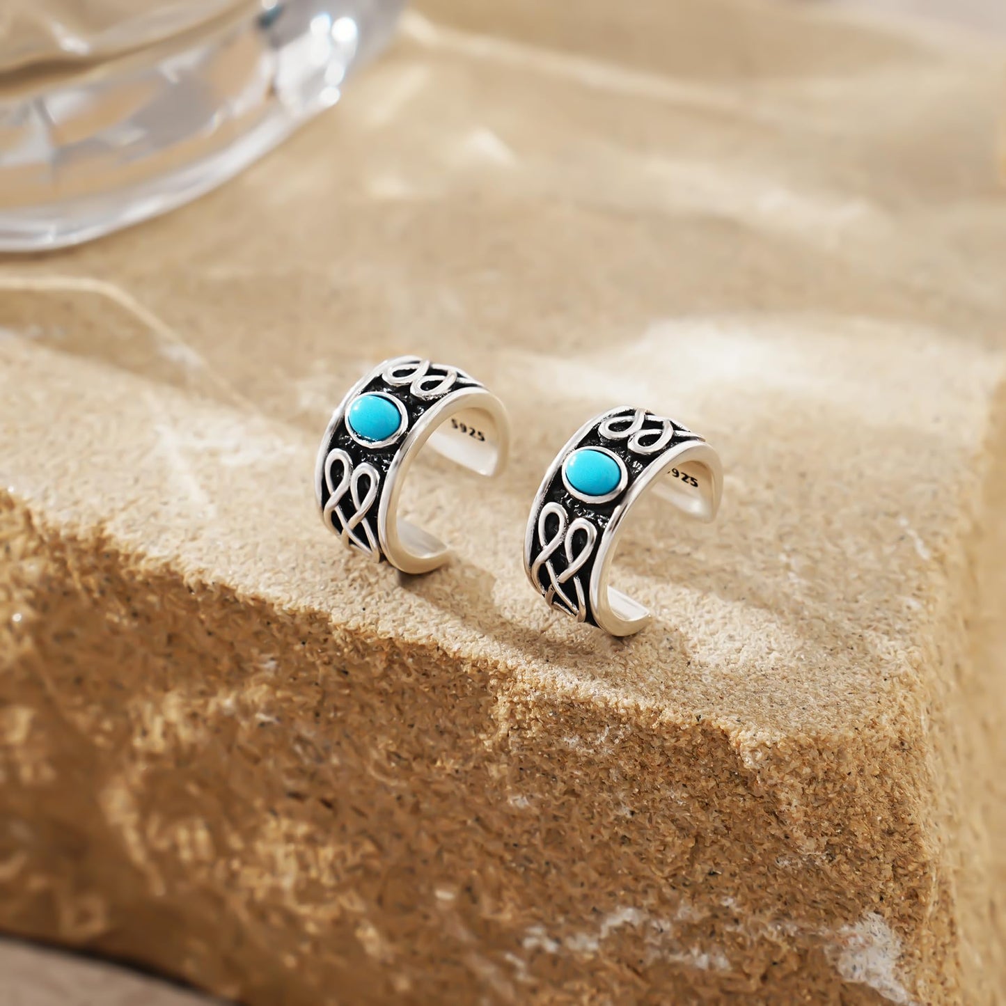 925 Sterling Silver Turquoise Celtic Knot Oxidized Ear Cuffs For Women, Sterling Silver, Turquoise