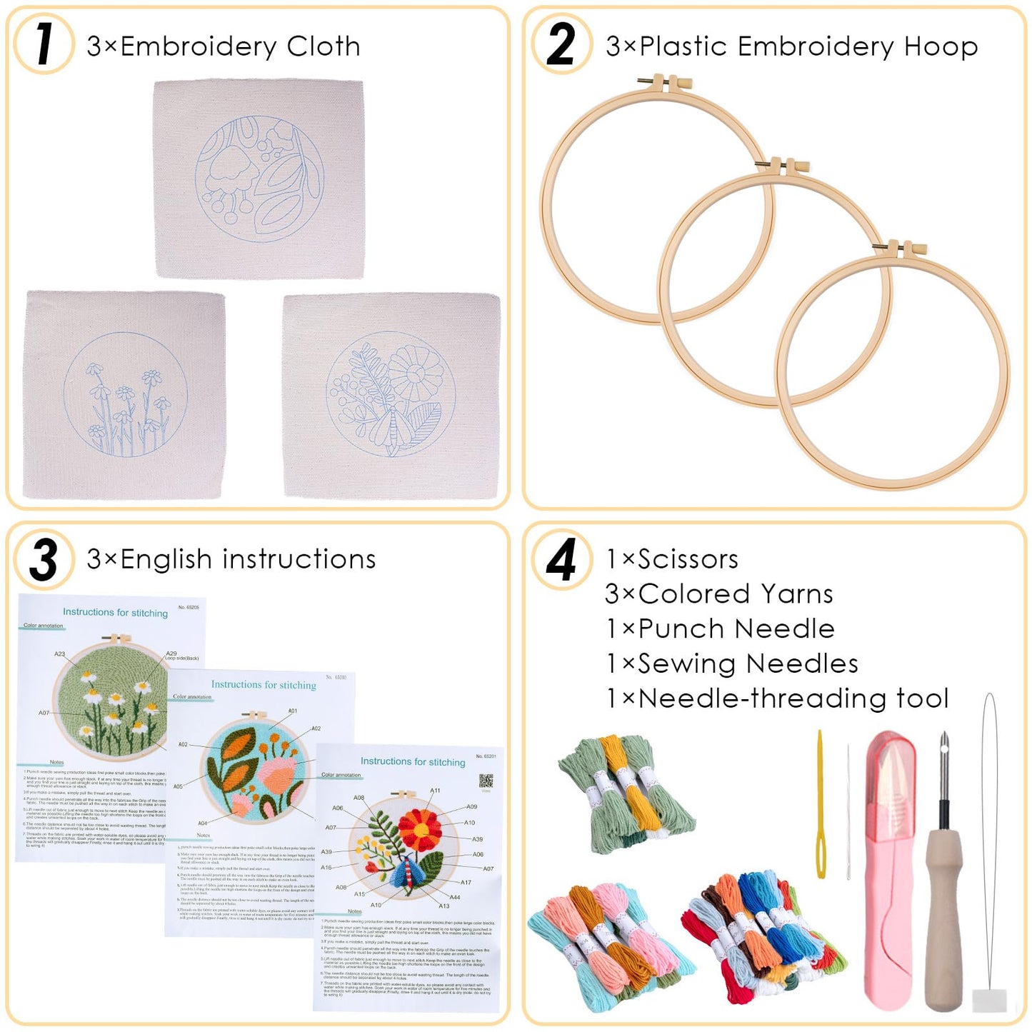 Peotclola Punch Needle Kit for Adults,3 Sets Punch Needle Kits Beginner DIY Embroidery Starter Set with Tools for Home Decoration, Family, Friends Gifts(Flowers A2)