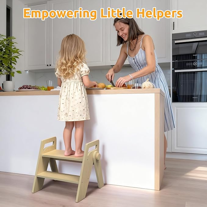 Wooden 2 Step Stool for Kids Bathroom Foldable 2-Step for Toilet Potty Training, Child Stepping Stool for Kitchen Nursery Bedroom