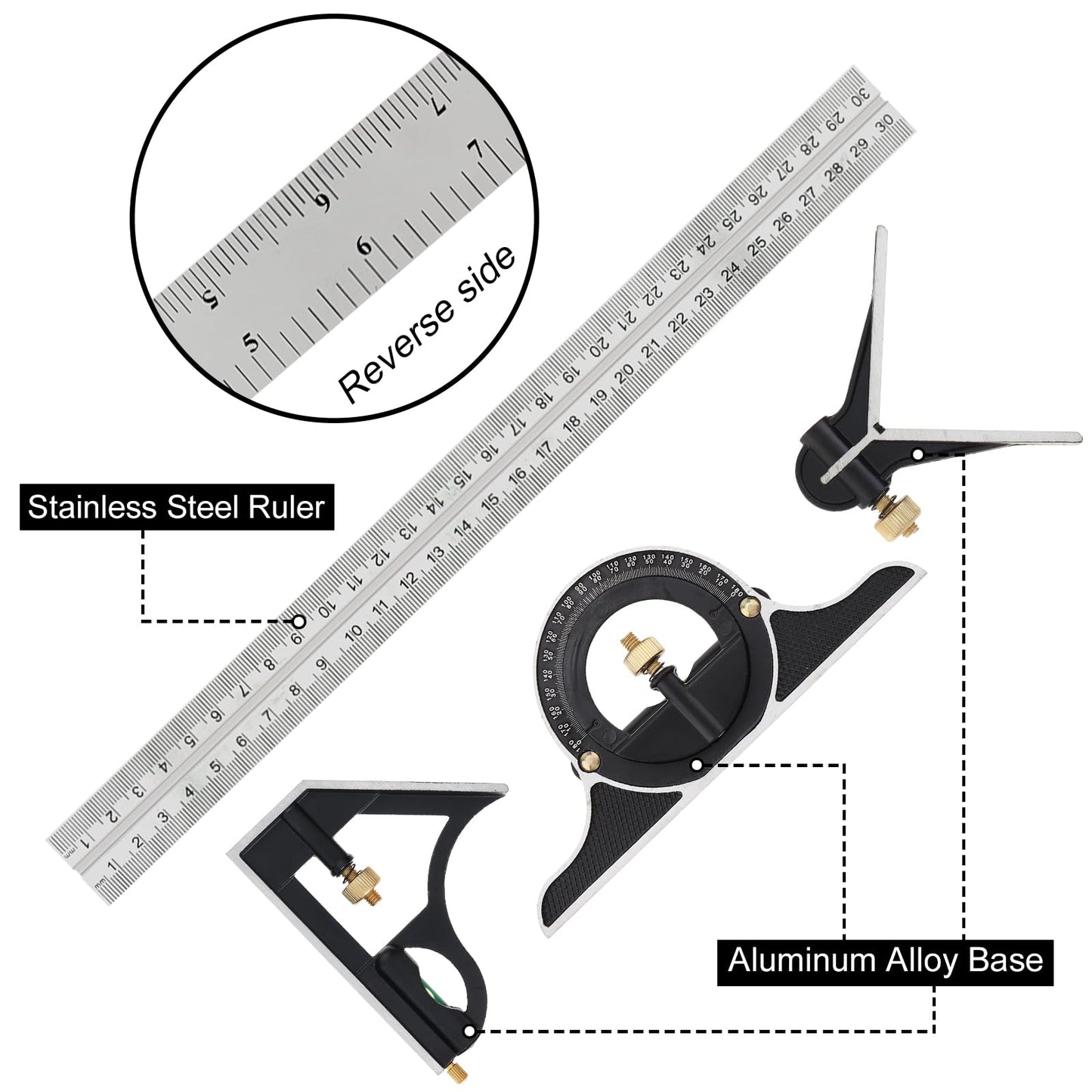 ChgImposs 12" Adjustable Sliding Combination Square Ruler & Protractor Level Measure Measuring Set, Inch/Metric