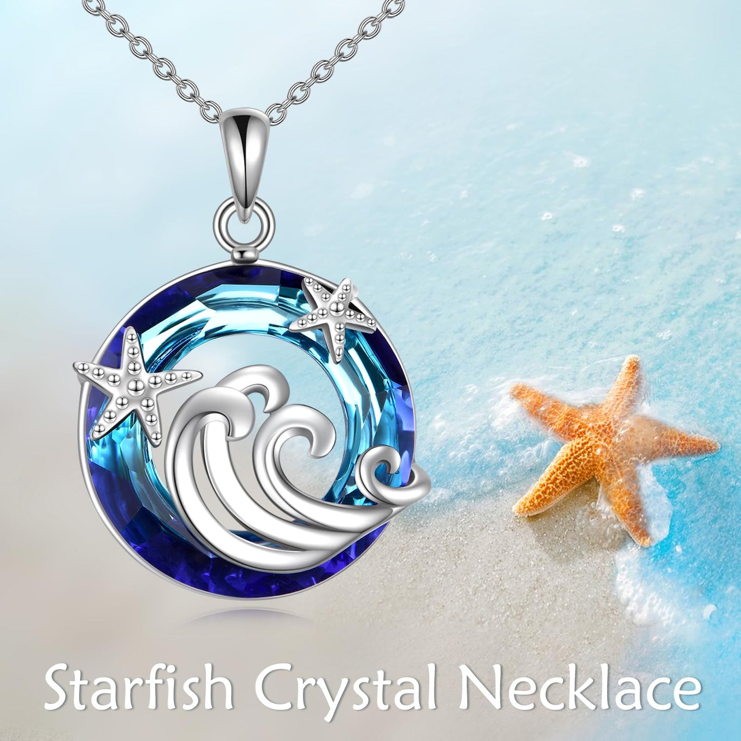 CRMAD Ocean Beach Necklace for Women Sterling Silver Starfish Wave Ocean Jewelry Gifts (crystal)