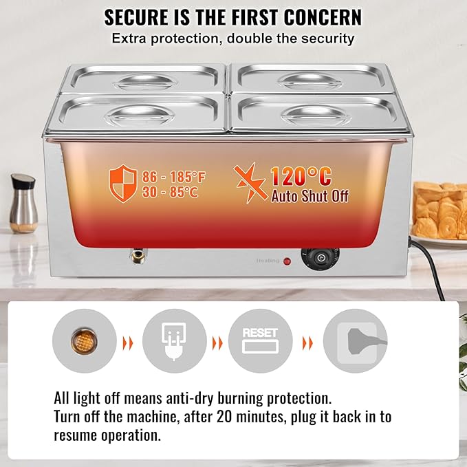 VEVOR 4-Pan Commercial Food Warmer, 15.9QT Electric Steam Table, 1200W Professional Countertop Stainless Steel Buffet Bain Marie with 86-185°F Temp Control for Catering and Restaurants, Silver