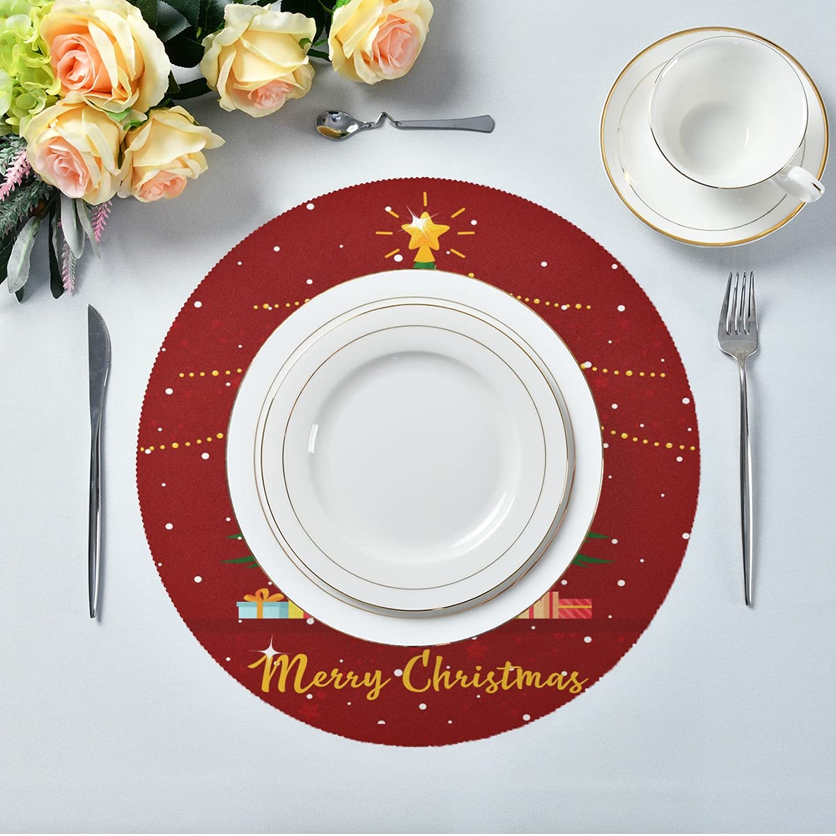6 Pack Round Placemats Christmas Tree with Gift Boxes Table Mats Heat-Resistant Stain Resistant Anti-Skid Washable Placemats 15.4 Inch