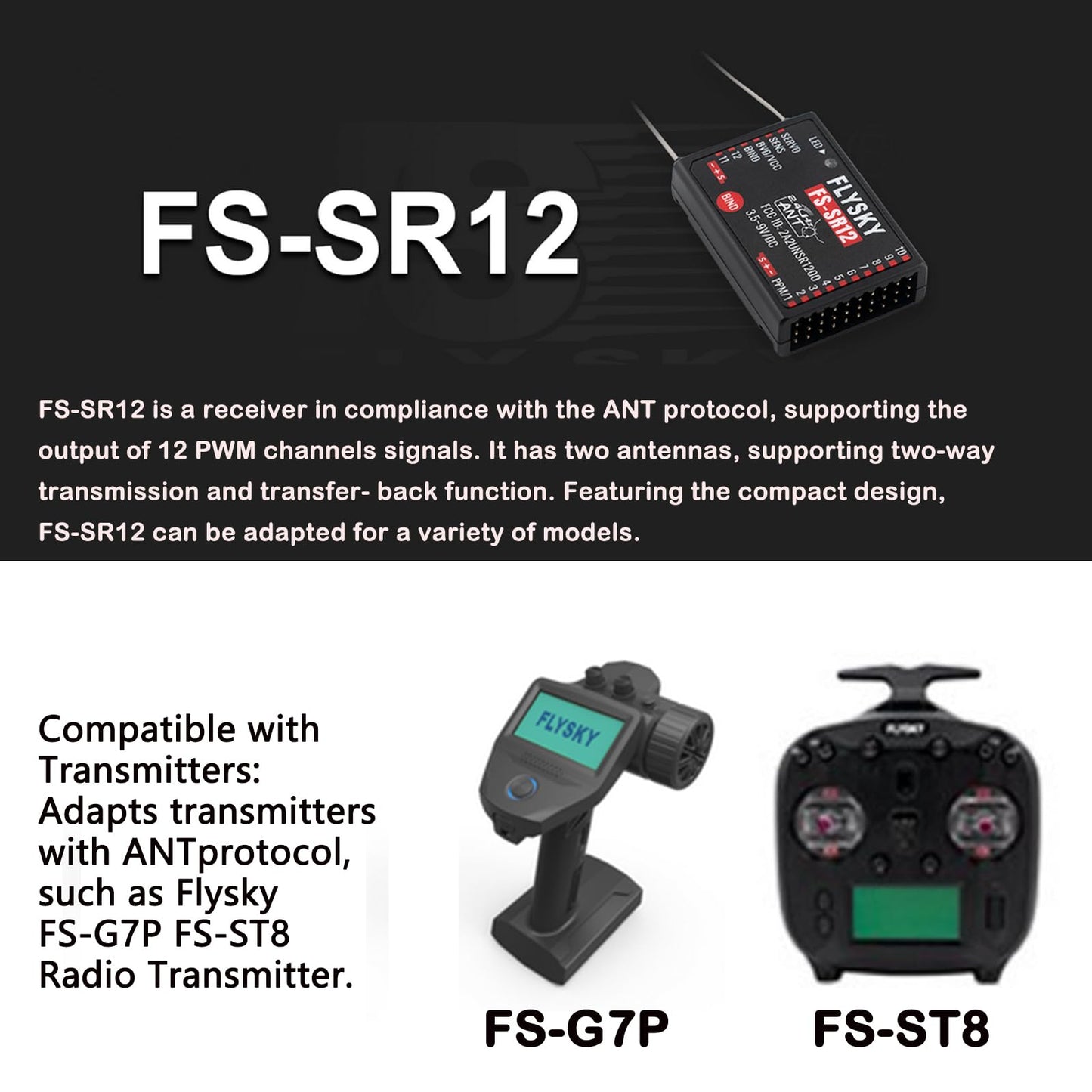 GoolRC Flysky FS-SR12 Receiver, 2.4GHz 12CH Receiver ANT Protocol Dual Antennas Compatible with Flysky FS-ST8 FS-G7P Radio Transmitter for RC Airplane Helicopter Quadcopter Drone Robot Car and Boat