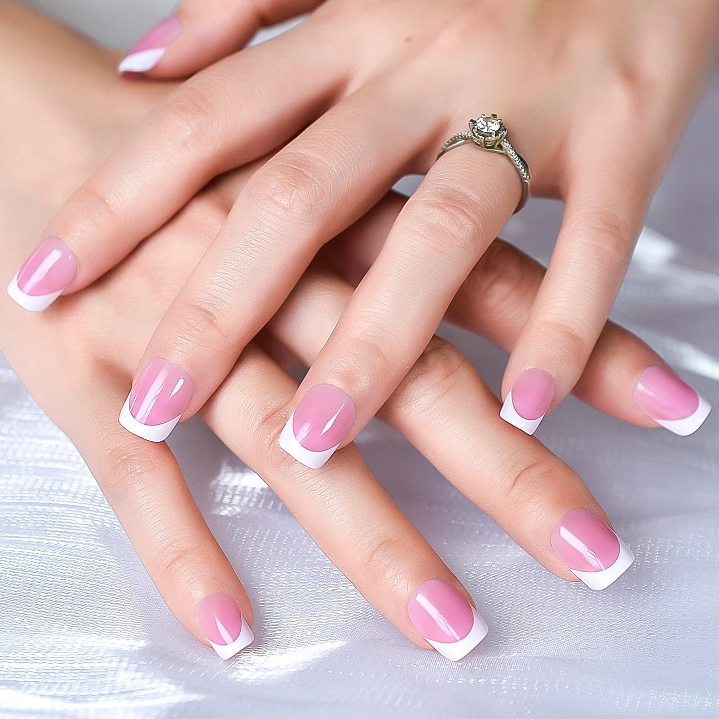 Pink White French Press On Nails Short - IKISKT Acrylic False Nails, Glue On Nail with Glue Sticker,Fit Perfectly & Natural Stick On - 24PCS UV Gel Fake Nail Kit, Baby Pink French
