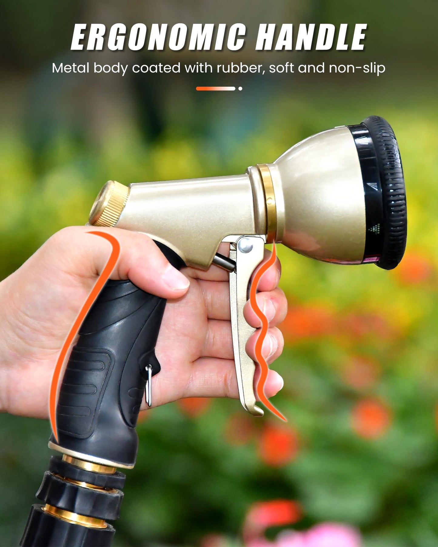 RAINPOINT Garden Hose Nozzle, 9 Spray Patterns Hose Sprayer Nozzle, Heavy Duty Metal Water Hose Nozzle, Adjustable Hand Sprayer, Watering Plants and Lawn, Pet Showering, Orange