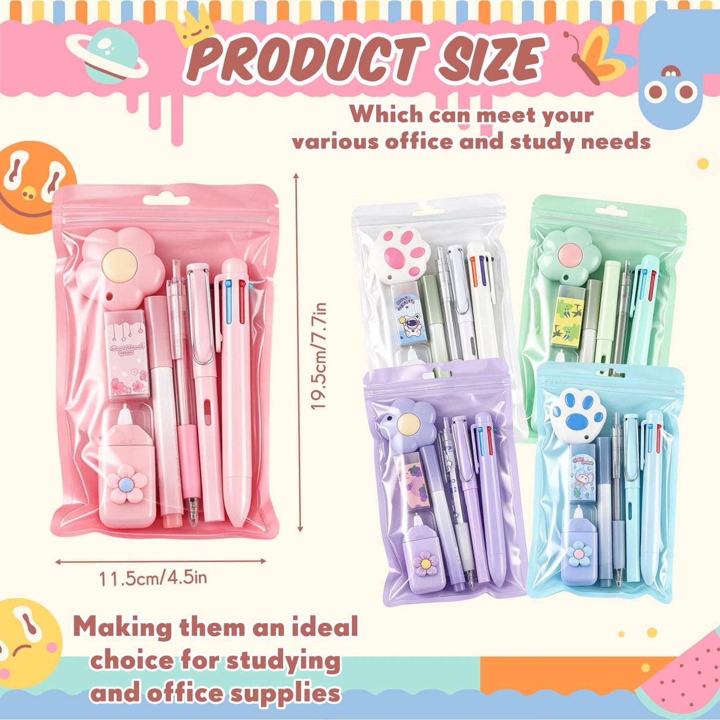 Sayglossy 5 Sets 7 Pcs Kawaii Stationery Set Cute Stationery Mini Office Supply Kit Cute School Supplies Including Ballpoint Pens Pencil Sharpener Highlighter Correction Tape Ruler Utility Knife