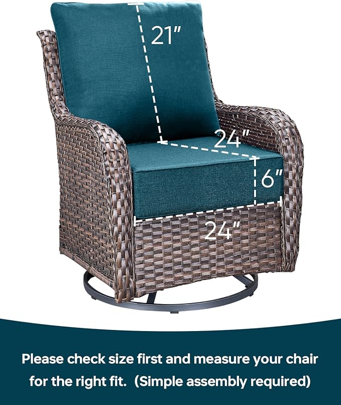 Luxury 24x24x6 Inch Outdoor Deep Seat Cushions Set of 6 - Comfortable Patio Zipper Chair Cushion for Outside Wicker Dining Rocking Swivel Chairs Loveseat Couch Sectional Sofa - Peacock Blue