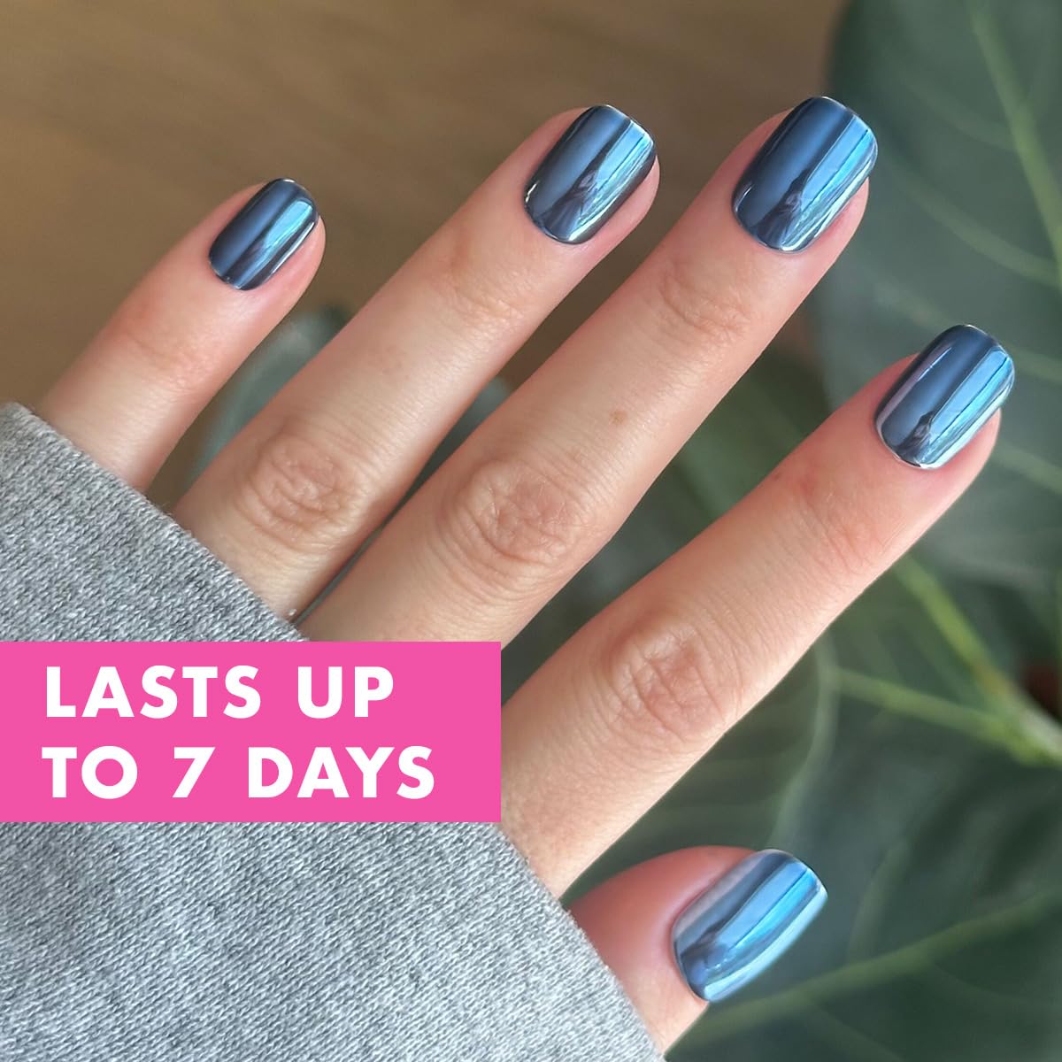 Olive & June Effects Super Stick Mani Press On Nails | No Glue Needed | 32 Tab Nails, 16 Sizes | Non-Toxic Easy On-Off Non-Damaging Real Look | 7-Day Wear | Extra Short, Squoval | Suited Chrome
