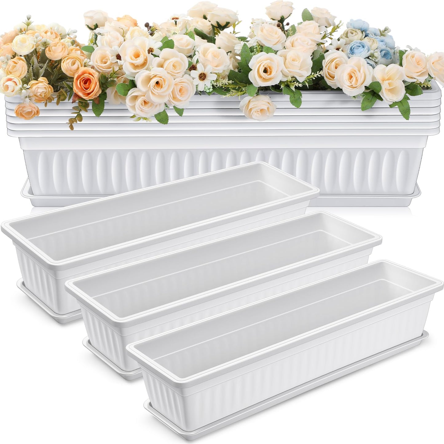 FillTouch 6 Packs 27 Inch Window Flower Box Extra Large Window Sill Herb Garden Long Rectangle Planter Plastic Boxes Outdoor with Drainage Trays for Balcony Windowsill Patio Garden