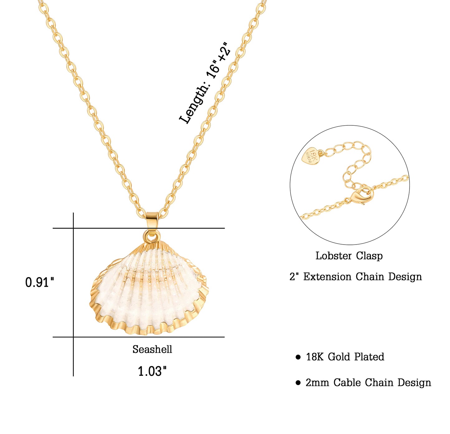 POTESSA Natural Shell Pendant Choker Necklace 18K Gold Plated Cable Chain Adjustable Seashell Necklace for Women Beach