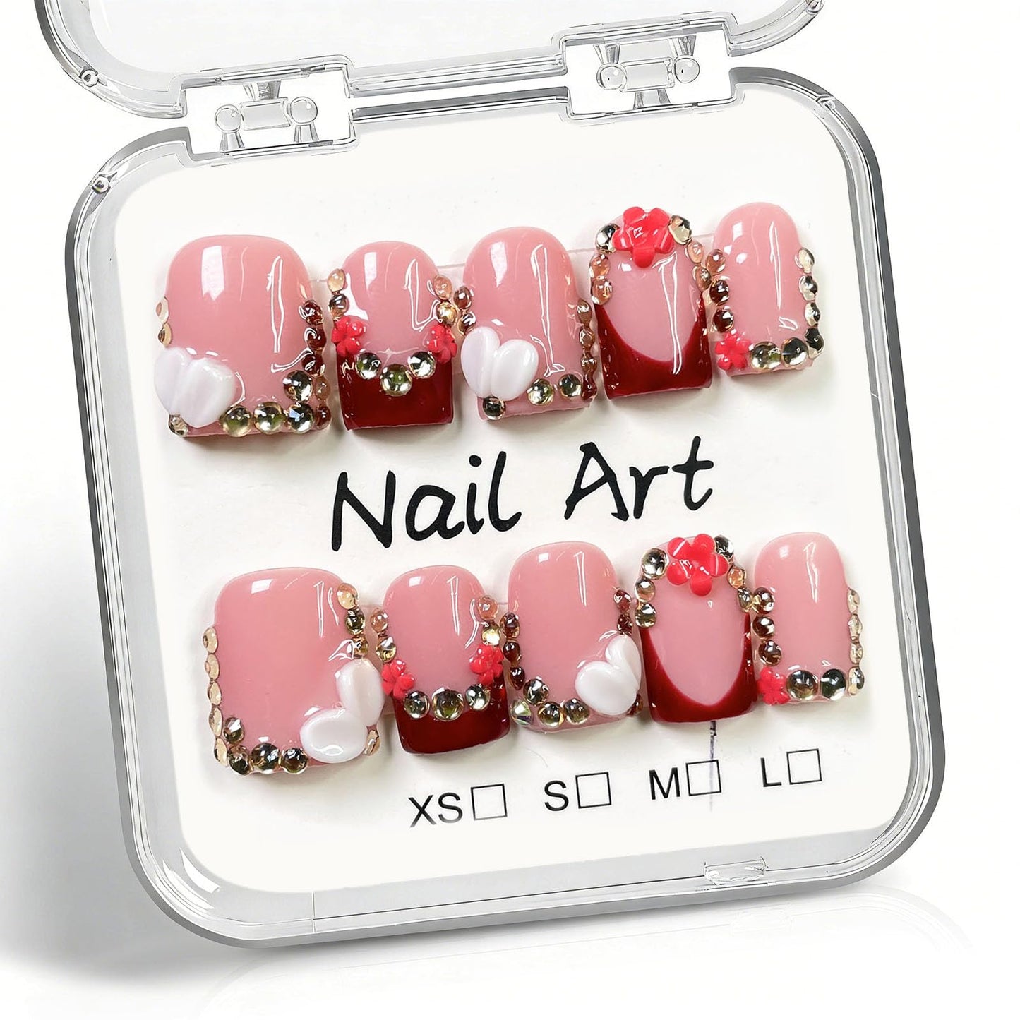 10 Pcs Handmade Press on Nails Short Square Fake Nails with 3D Rhinestones Flower Design Burgundy French Tip False Nails Pink Acrylic M Size Press Ons Nails Square for Women